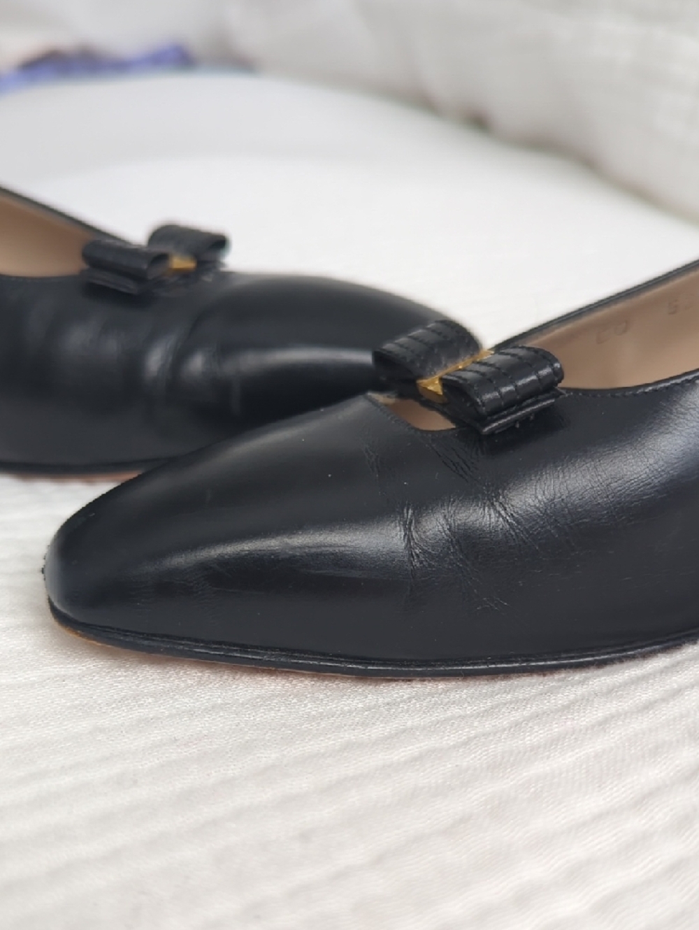 Vintage Salvatore Ferragamo Black Leather Vara Bow Kitten Heels with Gold Accent - Picture 5 of 8